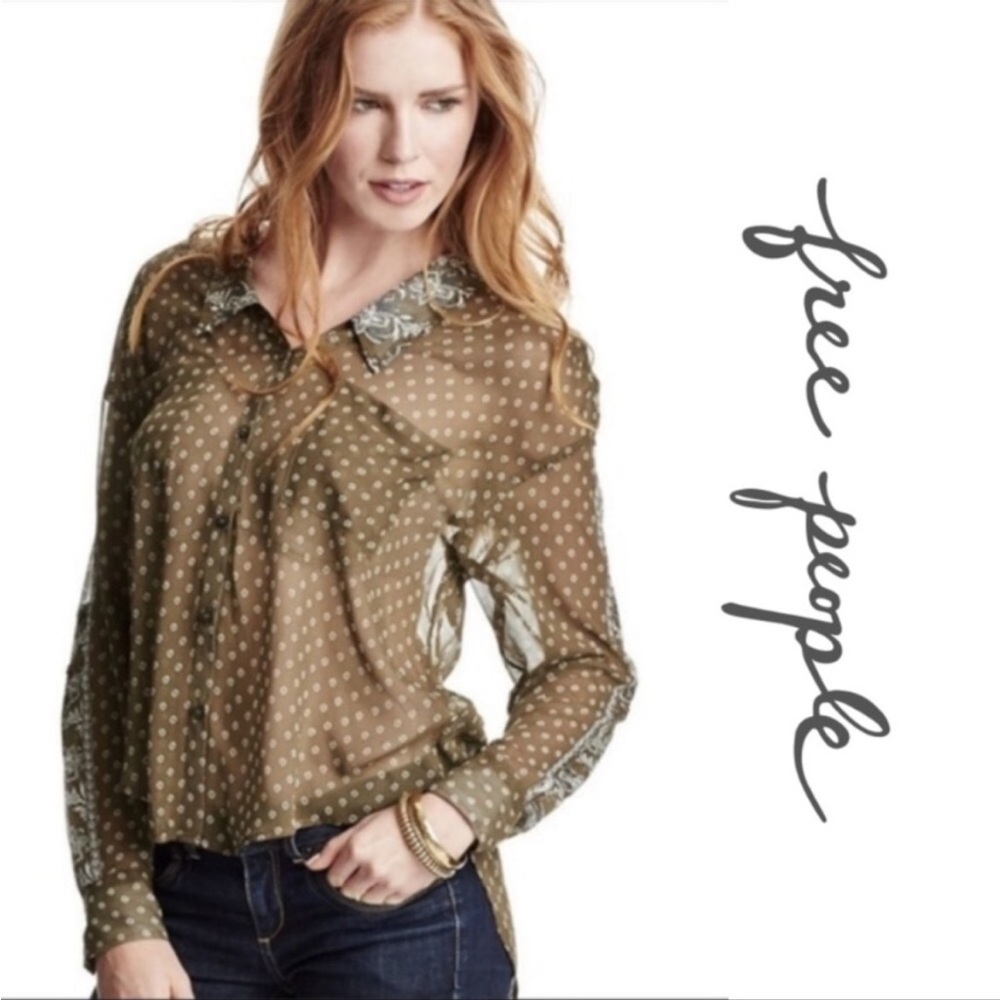 Free people olive green sheer button up blouse